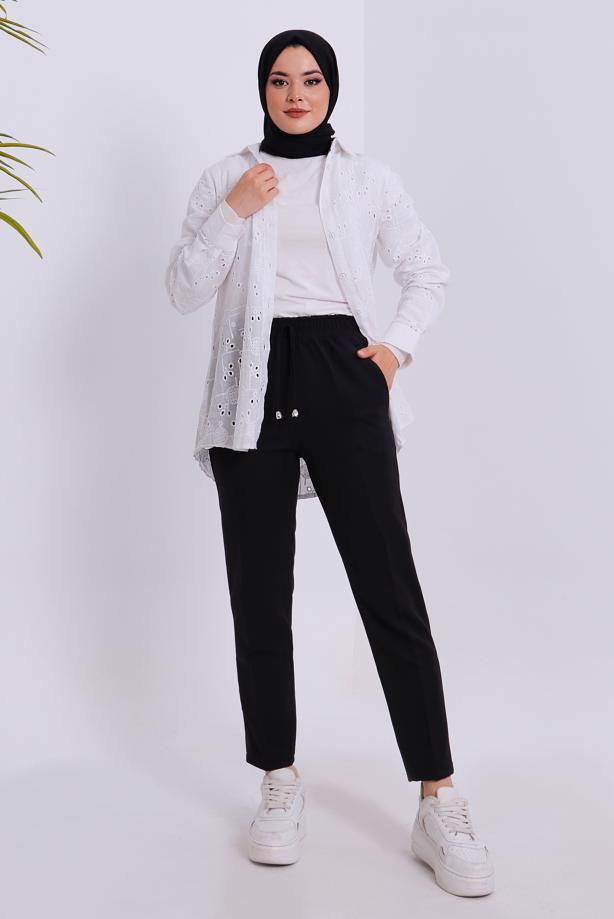 Tesettür giyim SİYAH BELİ LASTİKLİ PANTOLON T 80004 - TRENDTESETTÜR