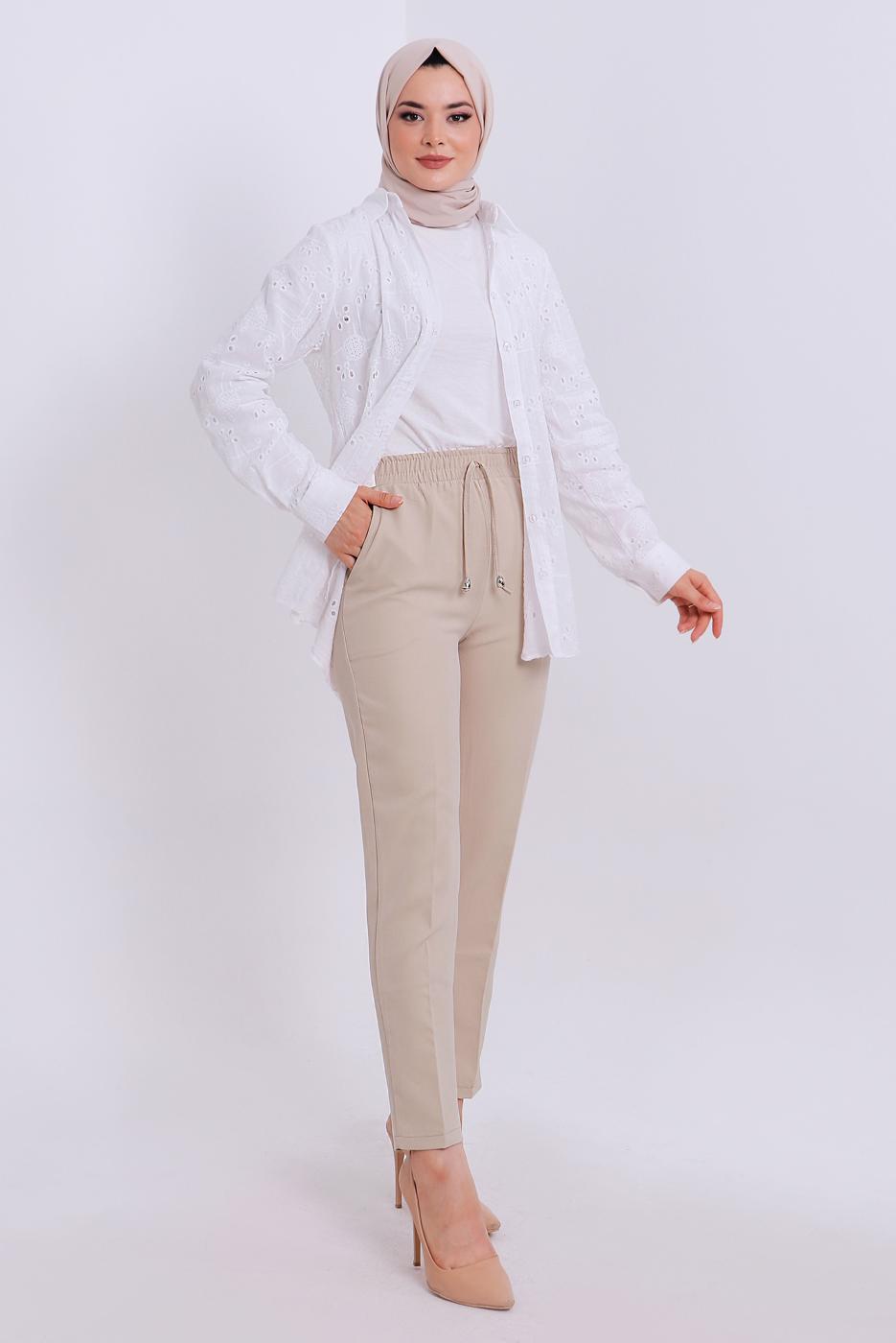 Tesettür giyim BEJ BELİ LASTİKLİ PANTOLON T 80004