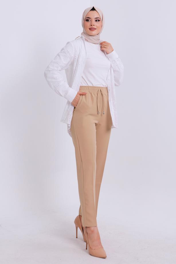 Tesettür giyim KAHVE BELİ LASTİKLİ PANTOLON T 80004 - TRENDTESETTÜR