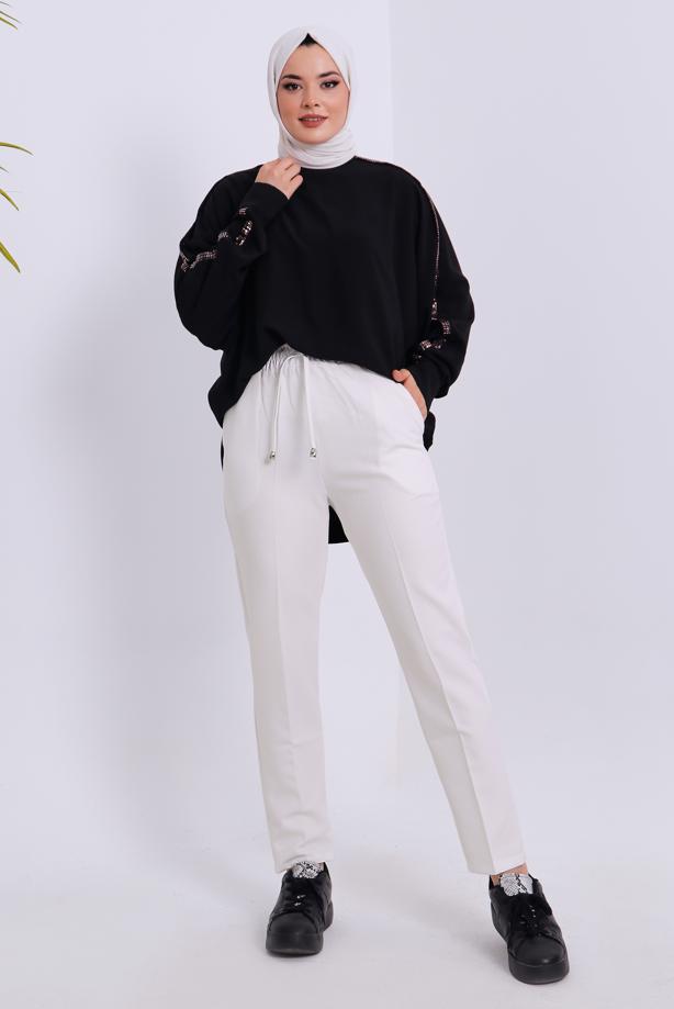 Tesettür giyim EKRU BELİ LASTİKLİ PANTOLON T 80004 - TRENDTESETTÜR