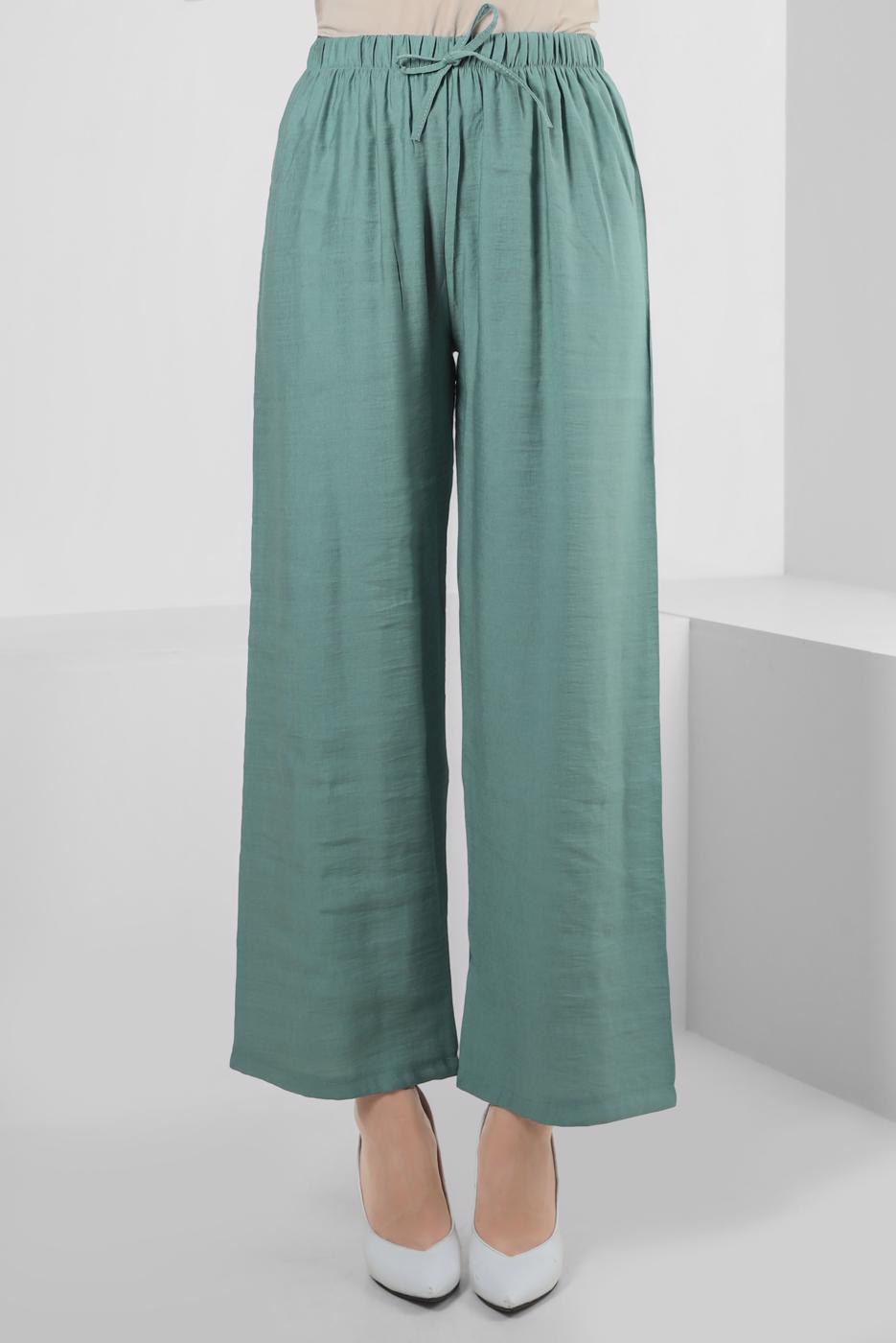 Tesettür giyim YEŞİL GENİŞ PAÇA BELİ LASTİKLİ PANTOLON T 80021