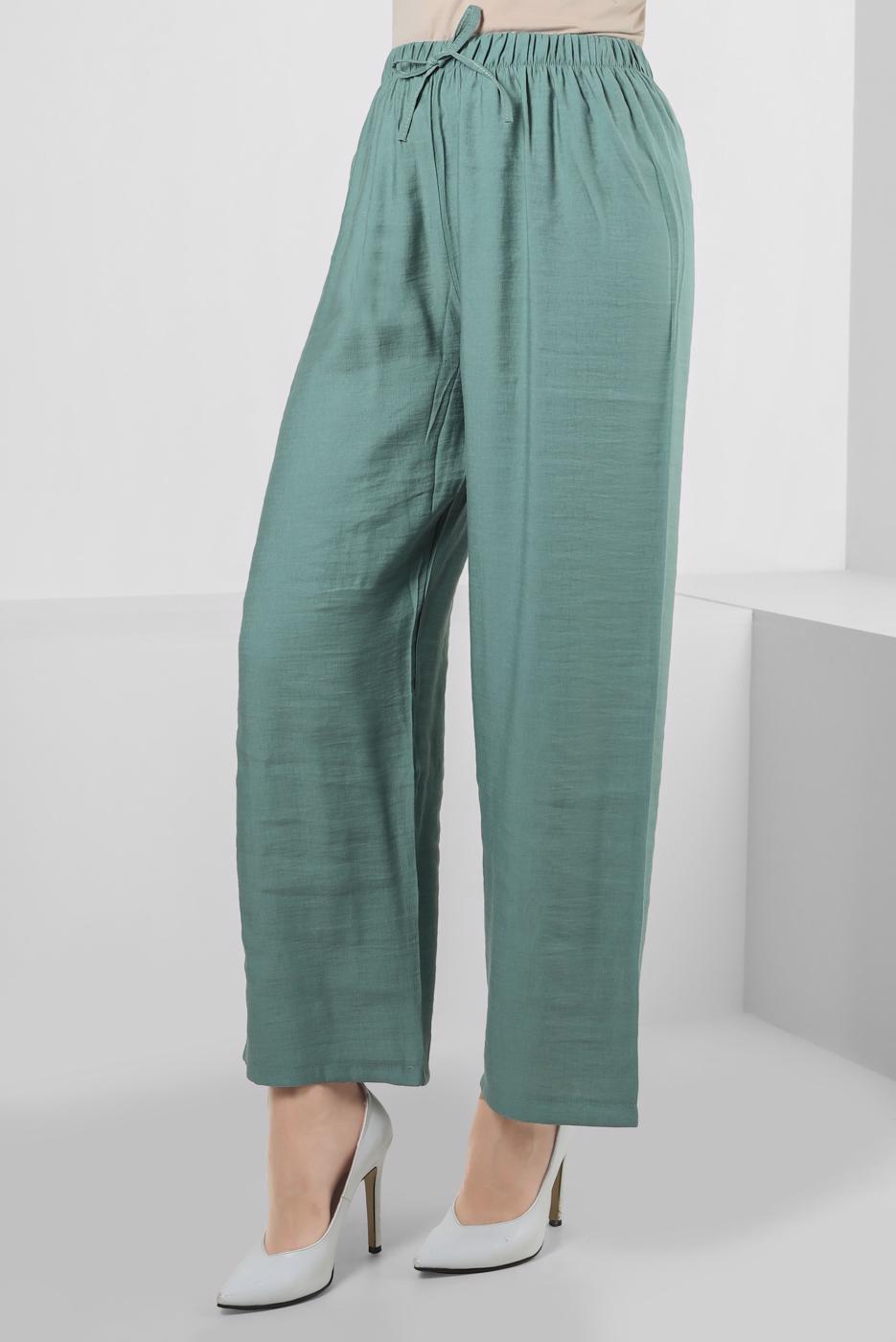 Tesettür giyim YEŞİL GENİŞ PAÇA BELİ LASTİKLİ PANTOLON T 80021