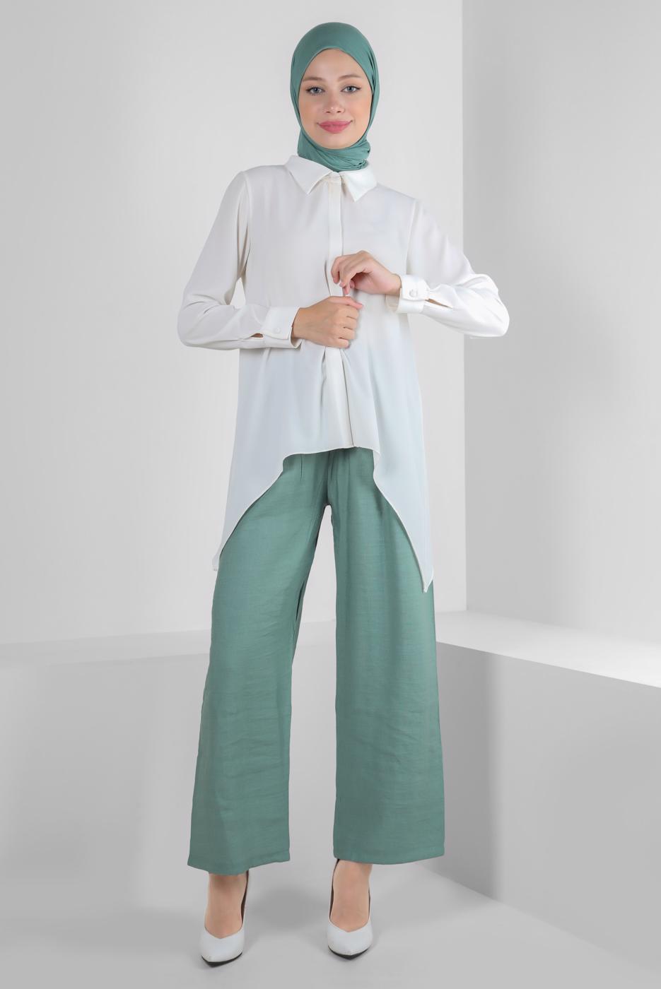 Tesettür giyim YEŞİL GENİŞ PAÇA BELİ LASTİKLİ PANTOLON T 80021