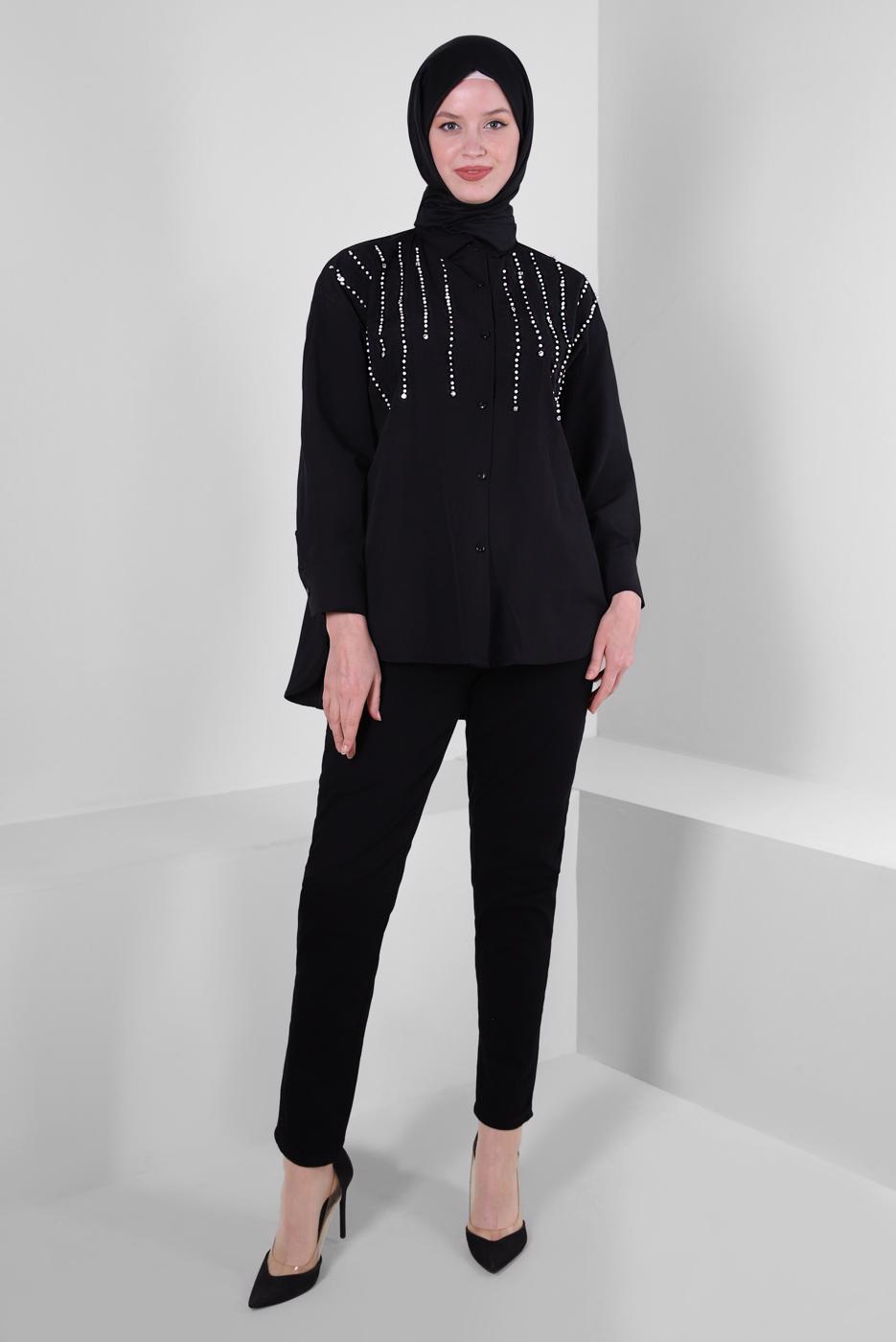 Tesettür giyim SİYAH ARKASI LASTİKLİ DAR PAÇA PANTOLON T 8405