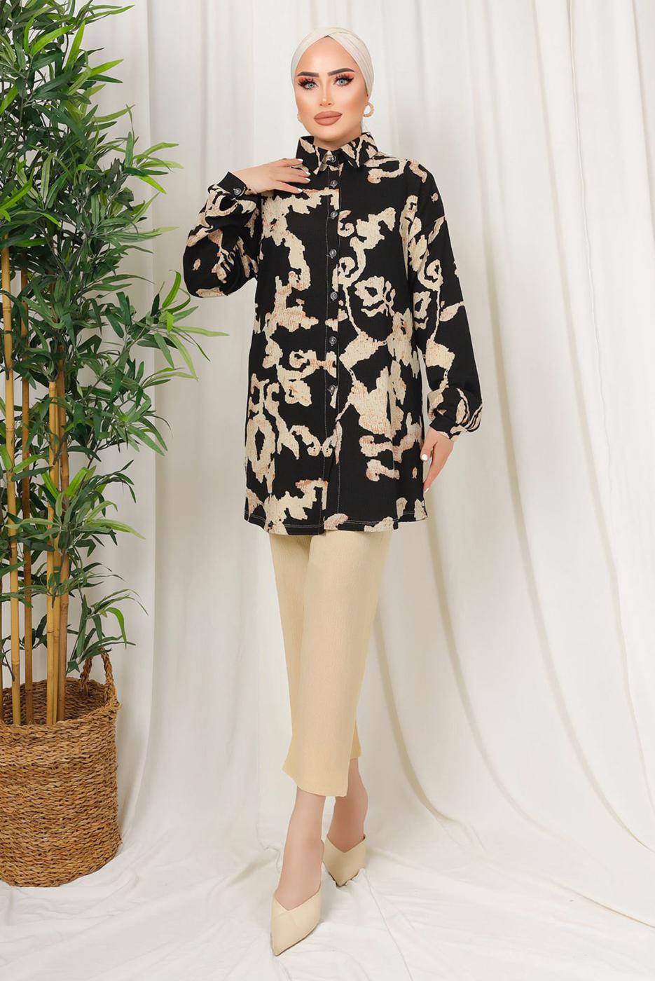 Tesettür giyim SİYAH ETNİK DESENLİ İKİLİ BÜRÜMCÜK TAKIM T 8413