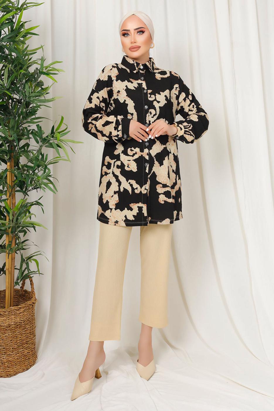Tesettür giyim SİYAH ETNİK DESENLİ İKİLİ BÜRÜMCÜK TAKIM T 8413