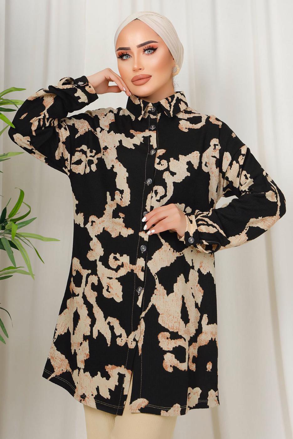 Tesettür giyim SİYAH ETNİK DESENLİ İKİLİ BÜRÜMCÜK TAKIM T 8413