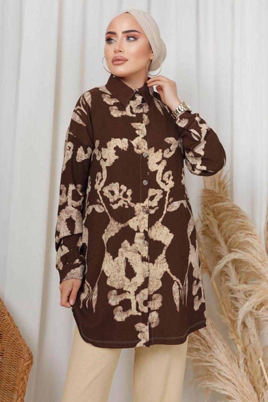Tesettür giyim KAHVE ETNİK DESENLİ İKİLİ BÜRÜMCÜK TAKIM T 8413
