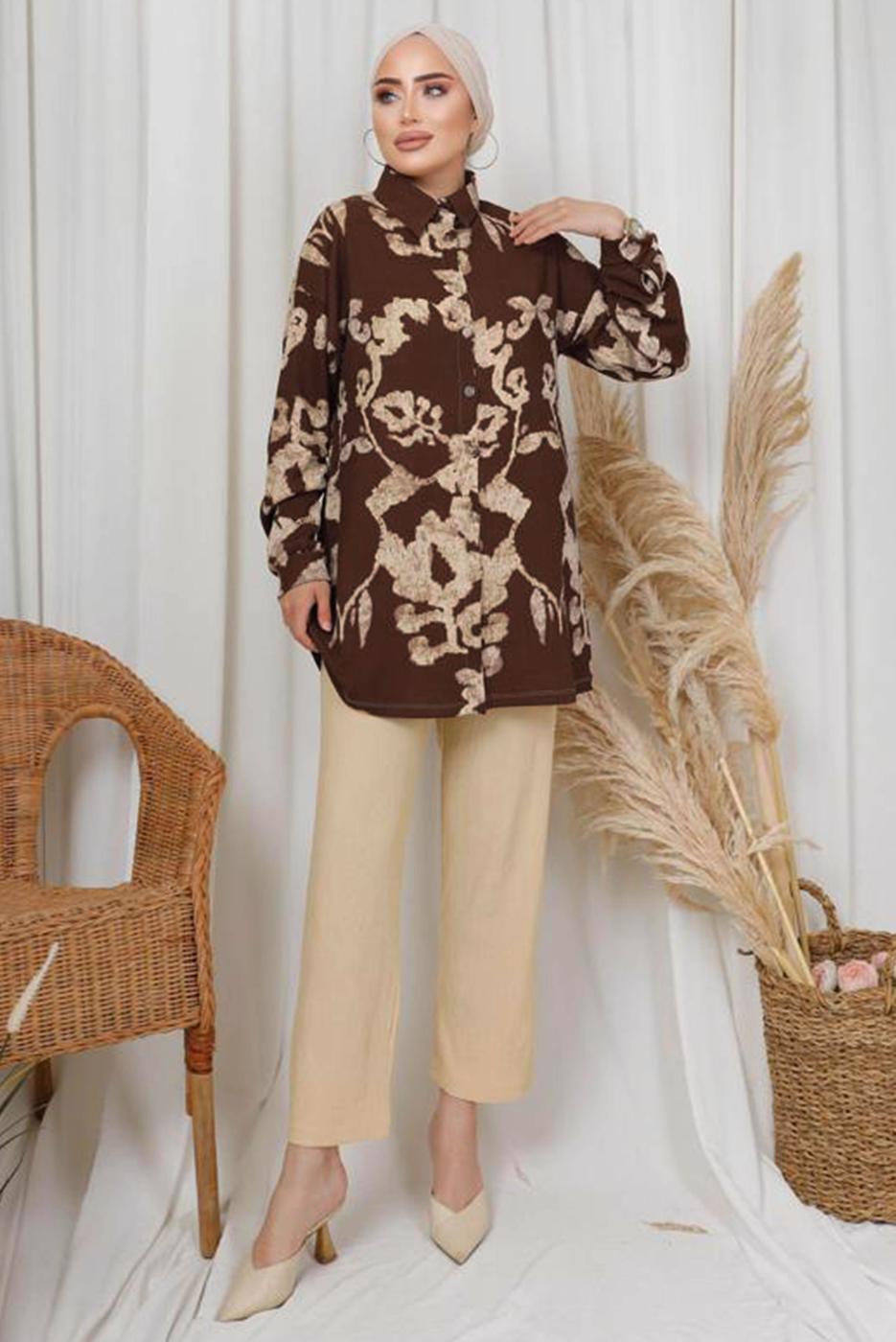 Tesettür giyim KAHVE ETNİK DESENLİ İKİLİ BÜRÜMCÜK TAKIM T 8413