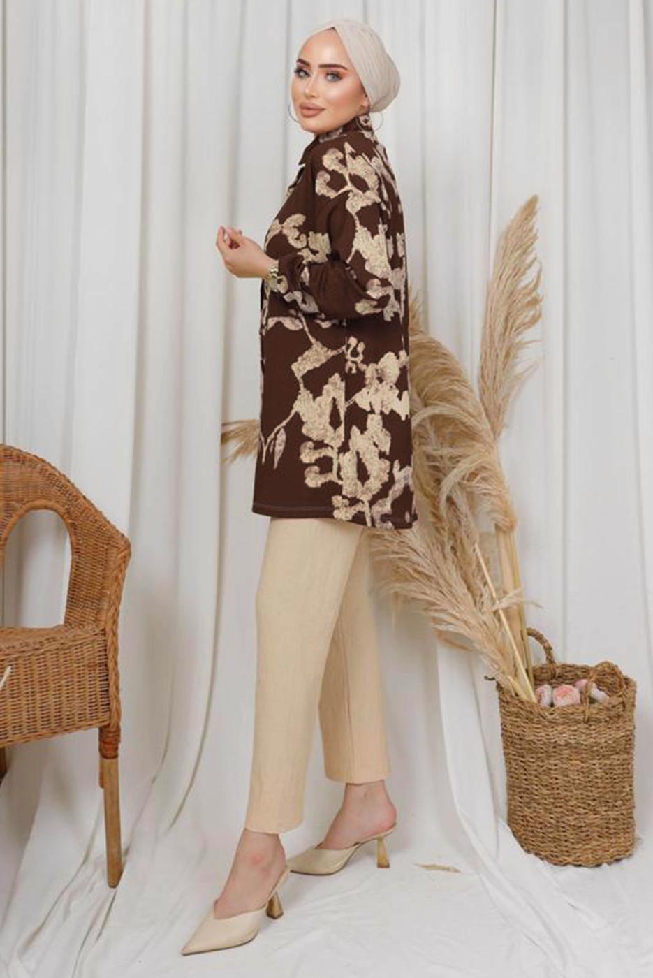 Tesettür giyim KAHVE ETNİK DESENLİ İKİLİ BÜRÜMCÜK TAKIM T 8413