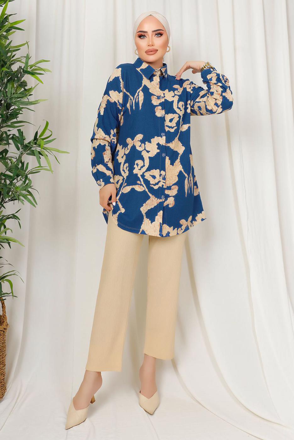 Tesettür giyim LACİVERT ETNİK DESENLİ İKİLİ BÜRÜMCÜK TAKIM T 8413
