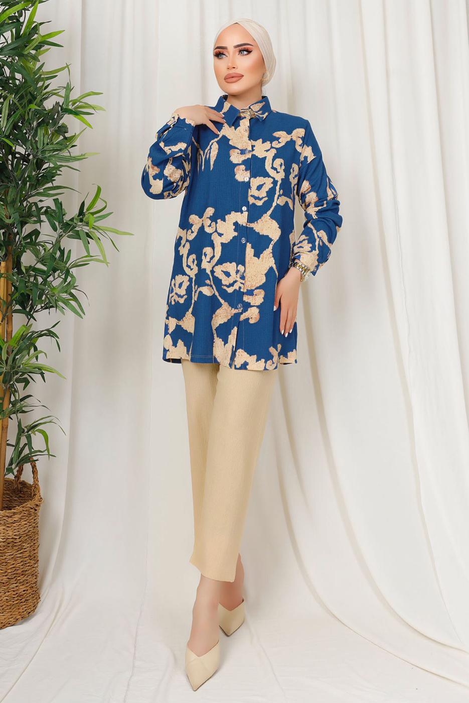 Tesettür giyim LACİVERT ETNİK DESENLİ İKİLİ BÜRÜMCÜK TAKIM T 8413
