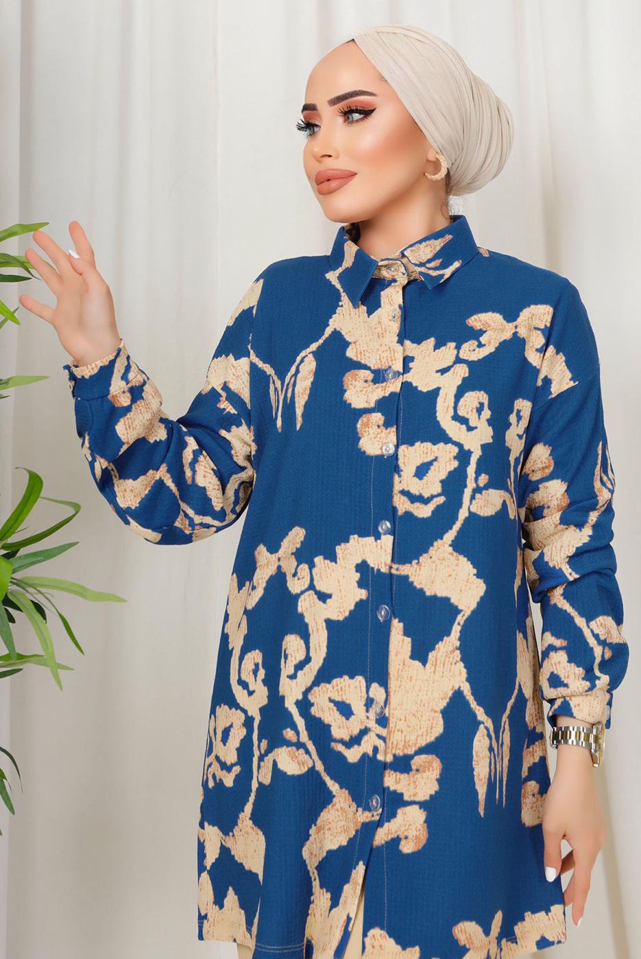 Tesettür giyim LACİVERT ETNİK DESENLİ İKİLİ BÜRÜMCÜK TAKIM T 8413