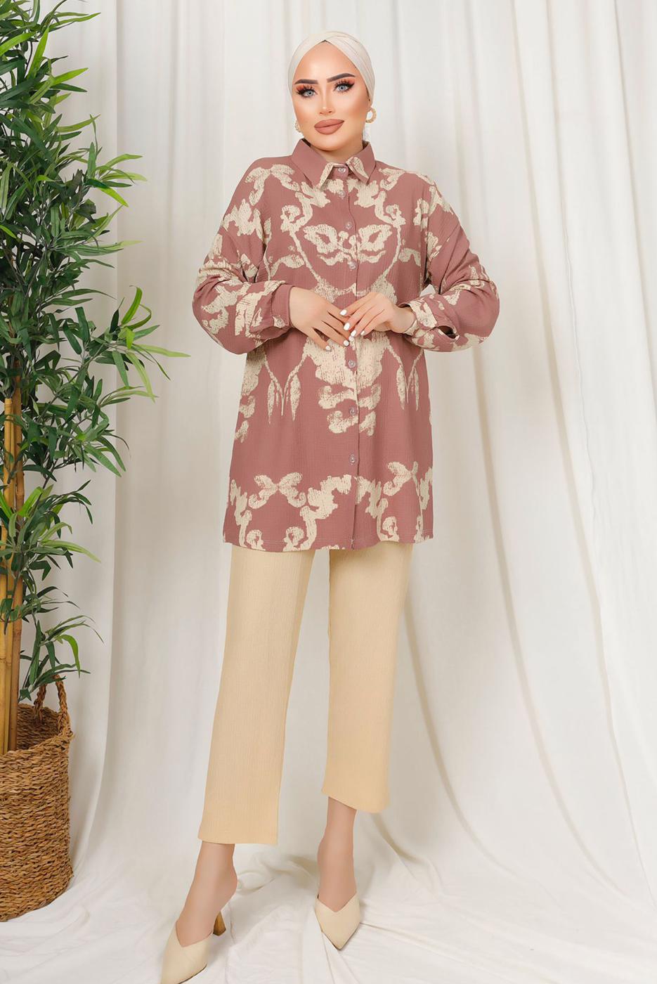 Tesettür giyim PEMBE ETNİK DESENLİ İKİLİ BÜRÜMCÜK TAKIM T 8413