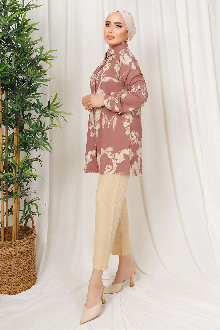 Tesettür giyim PEMBE ETNİK DESENLİ İKİLİ BÜRÜMCÜK TAKIM T 8413