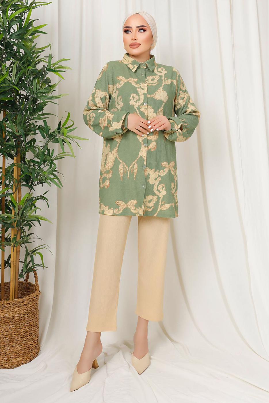 Tesettür giyim YEŞİL ETNİK DESENLİ İKİLİ BÜRÜMCÜK TAKIM T 8413