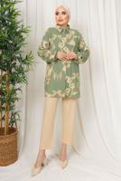 Tesettür giyim YEŞİL ETNİK DESENLİ İKİLİ BÜRÜMCÜK TAKIM T 8413