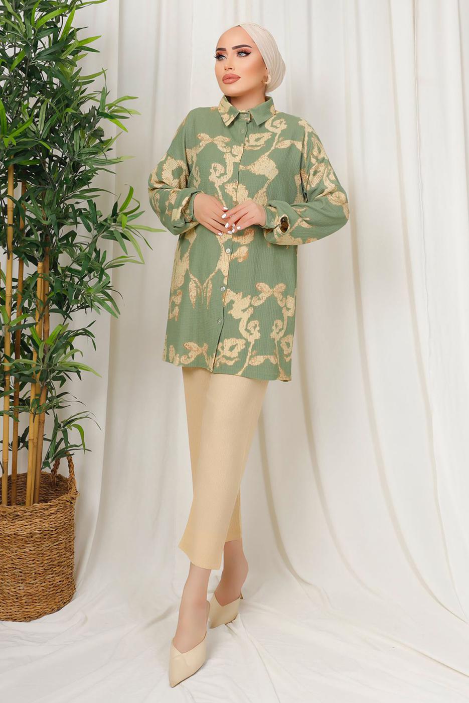 Tesettür giyim YEŞİL ETNİK DESENLİ İKİLİ BÜRÜMCÜK TAKIM T 8413