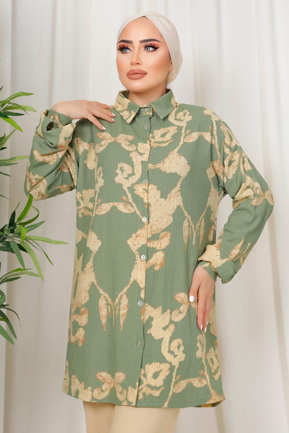 Tesettür giyim YEŞİL ETNİK DESENLİ İKİLİ BÜRÜMCÜK TAKIM T 8413