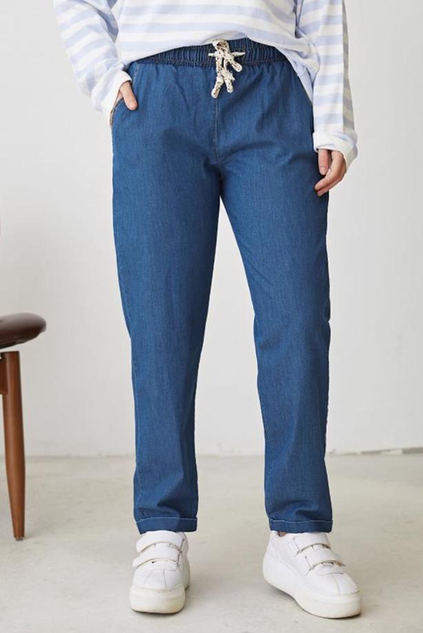 Tesettür giyim MAVİ DUBLE PAÇA BELİ LASTİKLİ PANTOLON T 8501 - TRENDTESETTÜR
