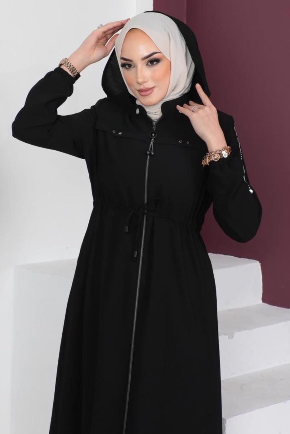 Tesettür giyim SİYAH FERMUARLI ÇIKARILABİLİR KAPÜŞONLU PARDESÜ T 3208