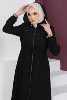 Tesettür giyim SİYAH FERMUARLI ÇIKARILABİLİR KAPÜŞONLU PARDESÜ T 3208