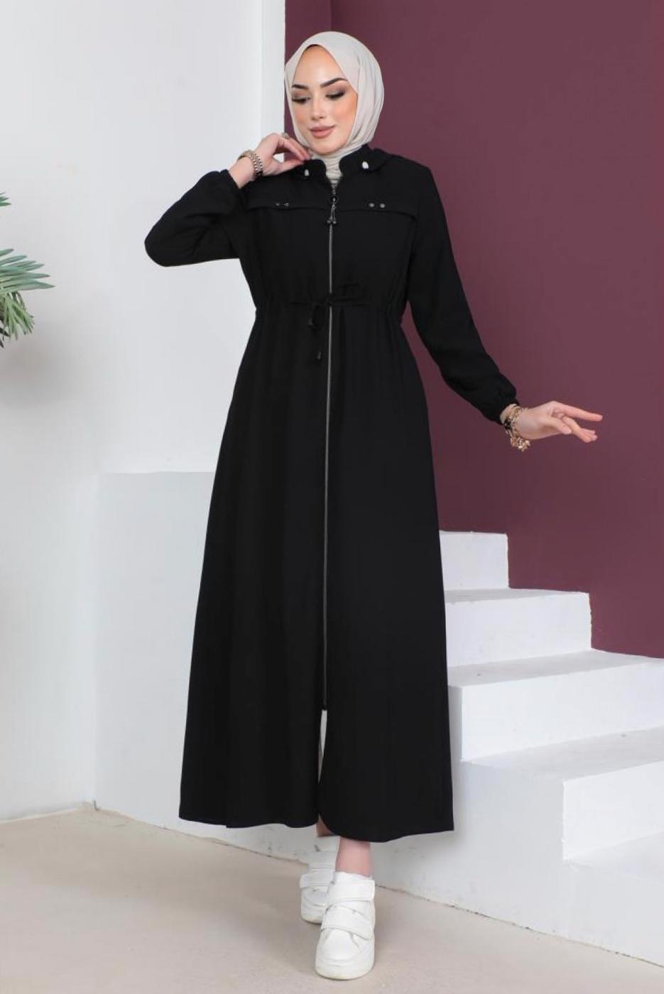 Tesettür giyim SİYAH FERMUARLI ÇIKARILABİLİR KAPÜŞONLU PARDESÜ T 3208