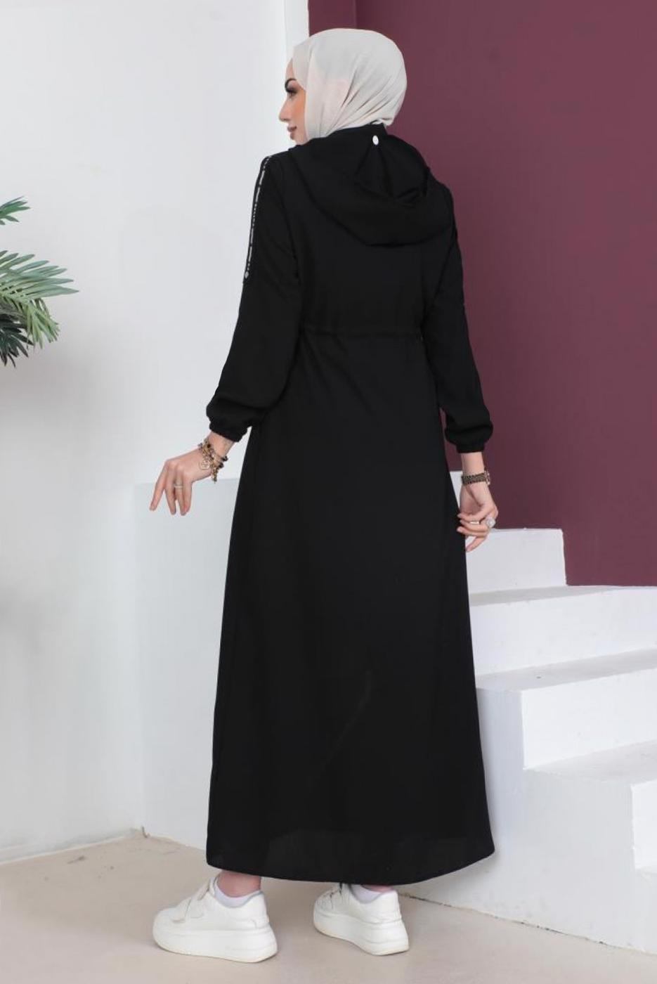Tesettür giyim SİYAH FERMUARLI ÇIKARILABİLİR KAPÜŞONLU PARDESÜ T 3208