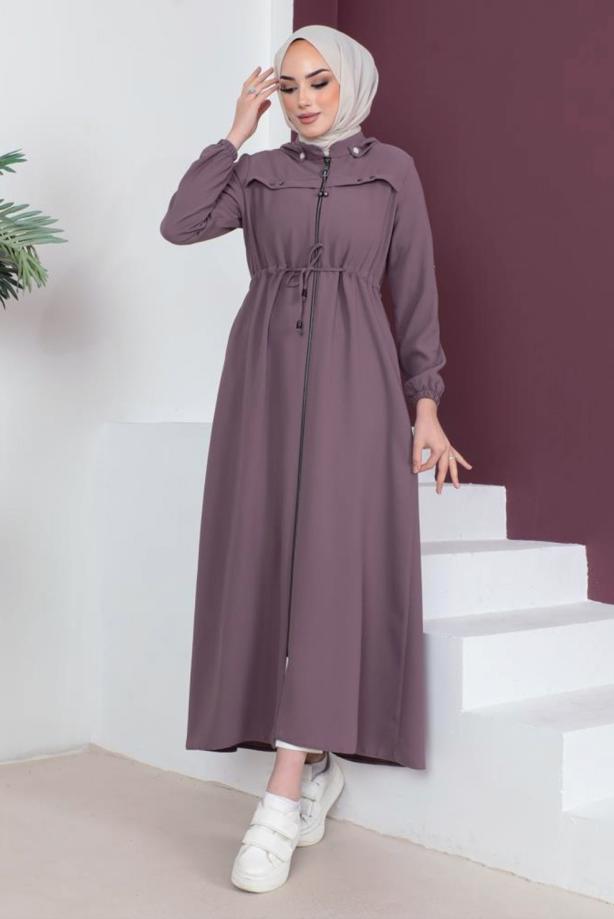 Tesettür giyim MOR FERMUARLI ÇIKARILABİLİR KAPÜŞONLU PARDESÜ T 3208 - TRENDTESETTÜR