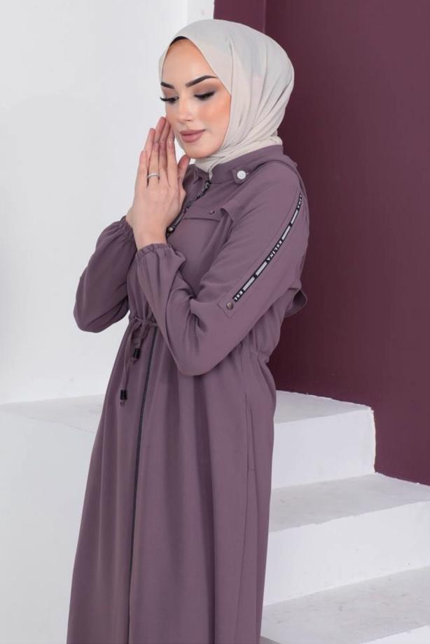 Tesettür giyim MOR FERMUARLI ÇIKARILABİLİR KAPÜŞONLU PARDESÜ T 3208 - TRENDTESETTÜR
