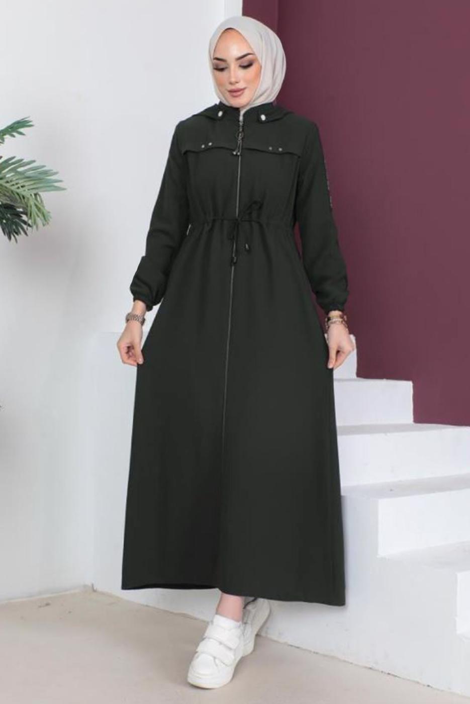 Tesettür giyim HAKİ FERMUARLI ÇIKARILABİLİR KAPÜŞONLU PARDESÜ T 3208