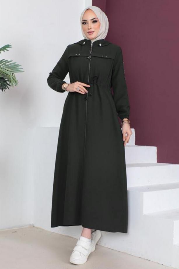 Tesettür giyim HAKİ FERMUARLI ÇIKARILABİLİR KAPÜŞONLU PARDESÜ T 3208 - TRENDTESETTÜR