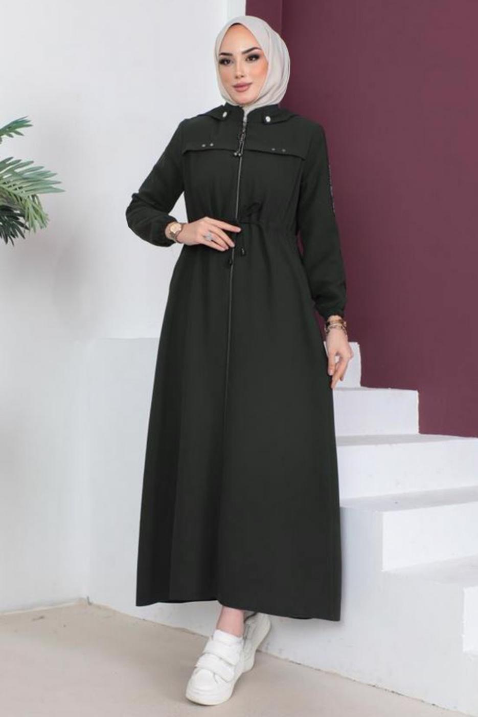 Tesettür giyim HAKİ FERMUARLI ÇIKARILABİLİR KAPÜŞONLU PARDESÜ T 3208
