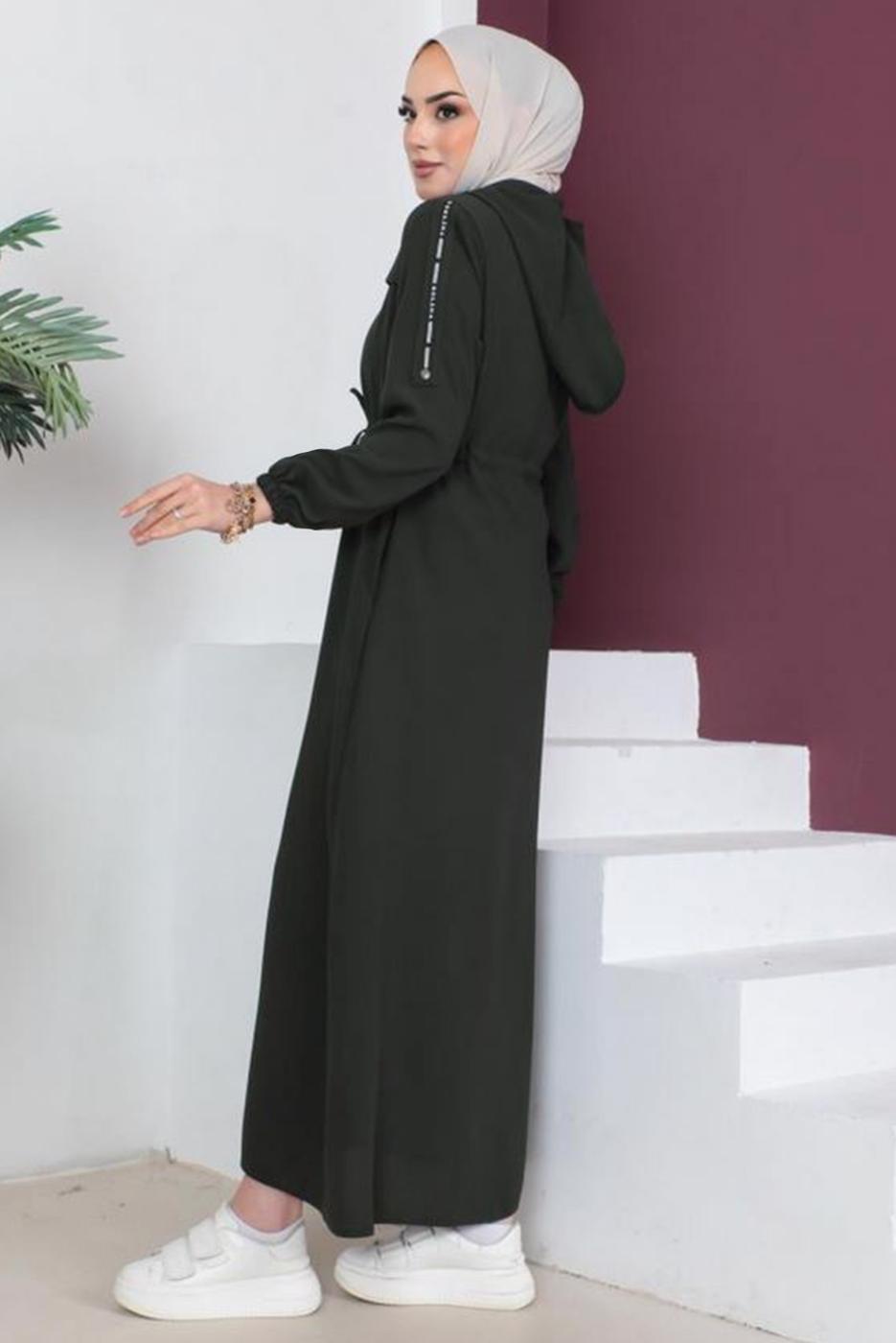 Tesettür giyim HAKİ FERMUARLI ÇIKARILABİLİR KAPÜŞONLU PARDESÜ T 3208
