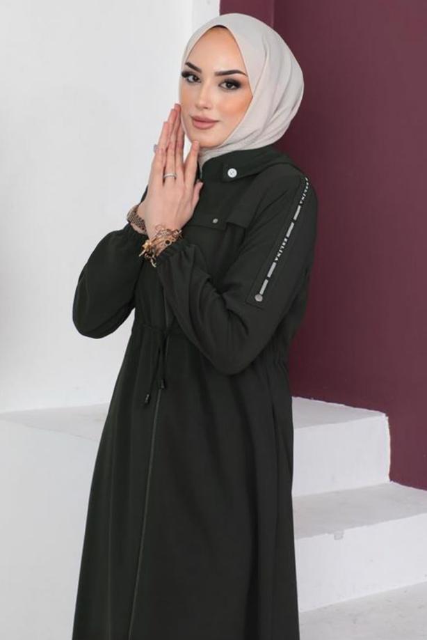 Tesettür giyim HAKİ FERMUARLI ÇIKARILABİLİR KAPÜŞONLU PARDESÜ T 3208 - TRENDTESETTÜR