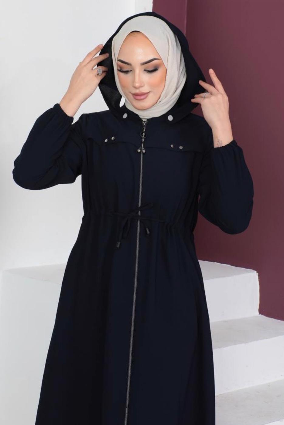 Vêtements hijab BLEU MARINE SURMANTEAU À CAPUCHE AMOVIBLE AVEC ZIP T 3208