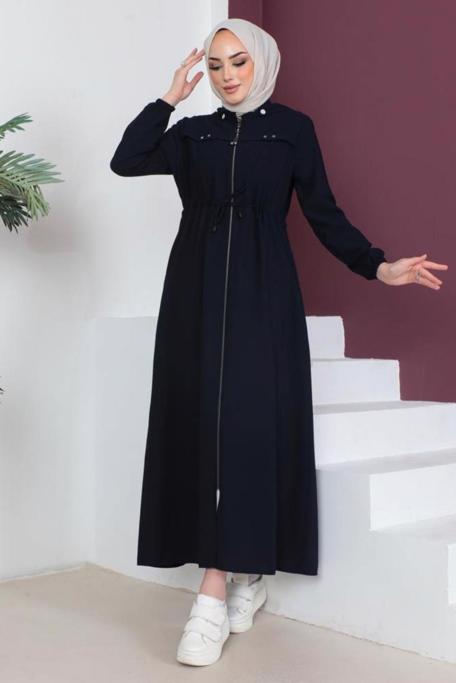 Vêtements hijab BLEU MARINE SURMANTEAU À CAPUCHE AMOVIBLE AVEC ZIP T 3208