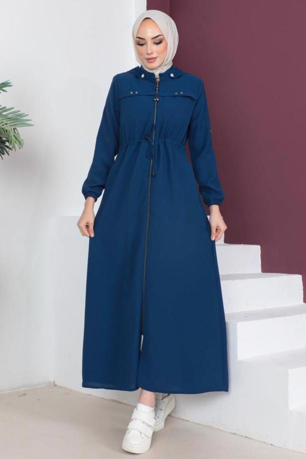 Tesettür giyim LACİVERT FERMUARLI ÇIKARILABİLİR KAPÜŞONLU PARDESÜ T 3208 - TRENDTESETTÜR