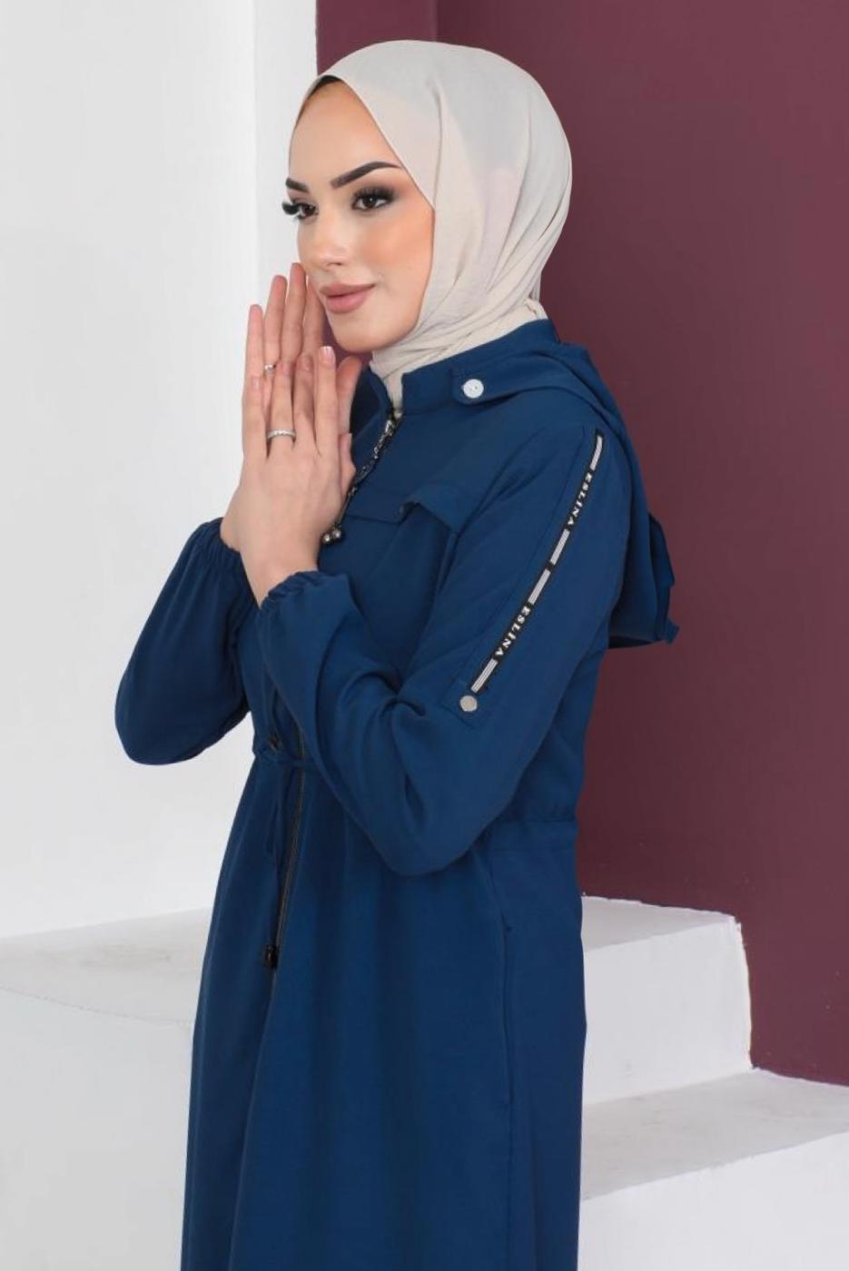Hijab clothing NAVY BLUE HOODED OVERCOAT WITH ZIPPERED T 3208