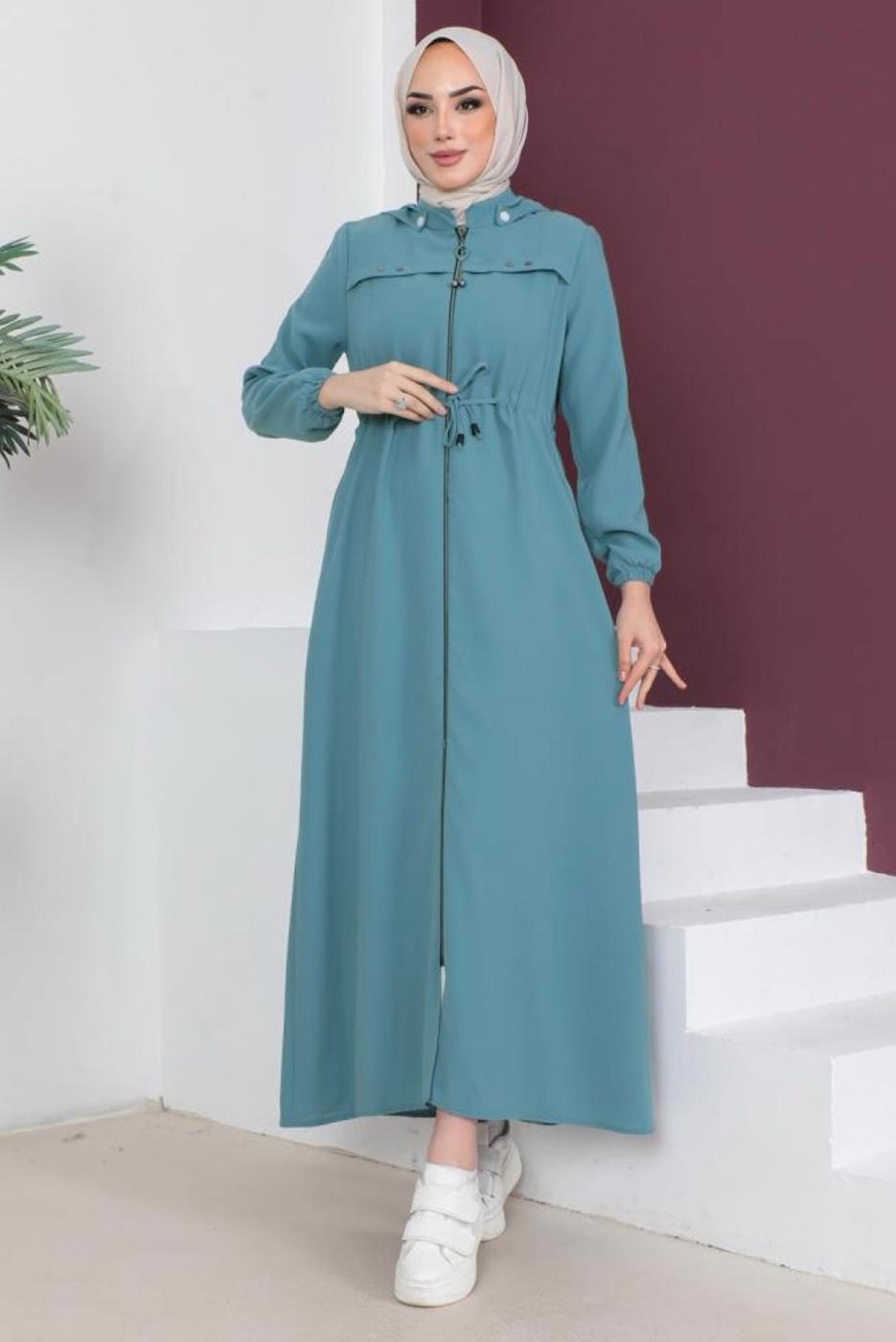 Vêtements hijab BLEU SURMANTEAU À CAPUCHE AMOVIBLE AVEC ZIP T 3208
