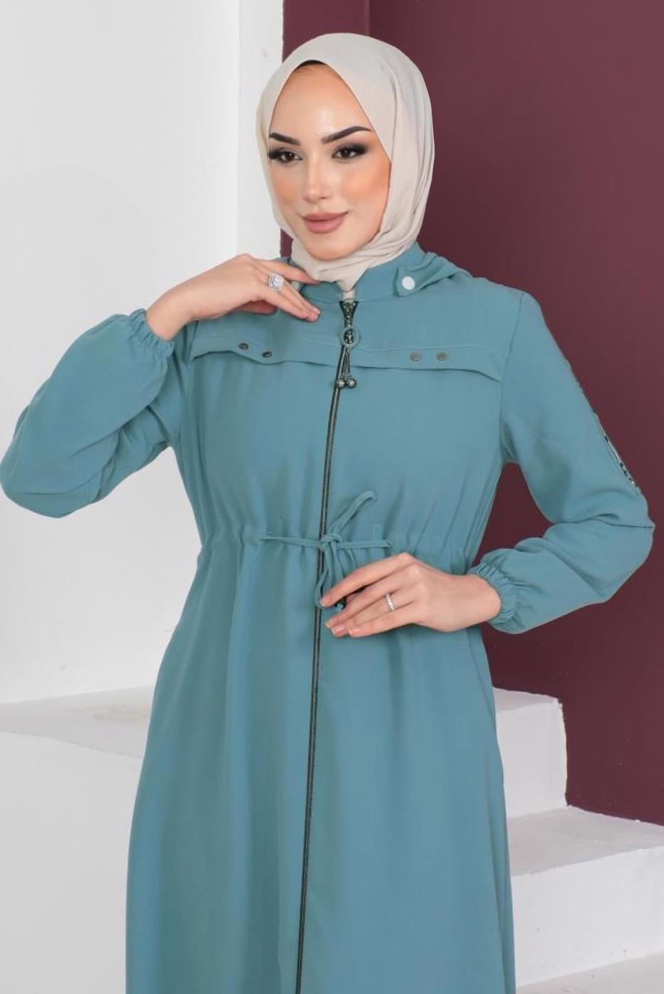 Vêtements hijab BLEU SURMANTEAU À CAPUCHE AMOVIBLE AVEC ZIP T 3208