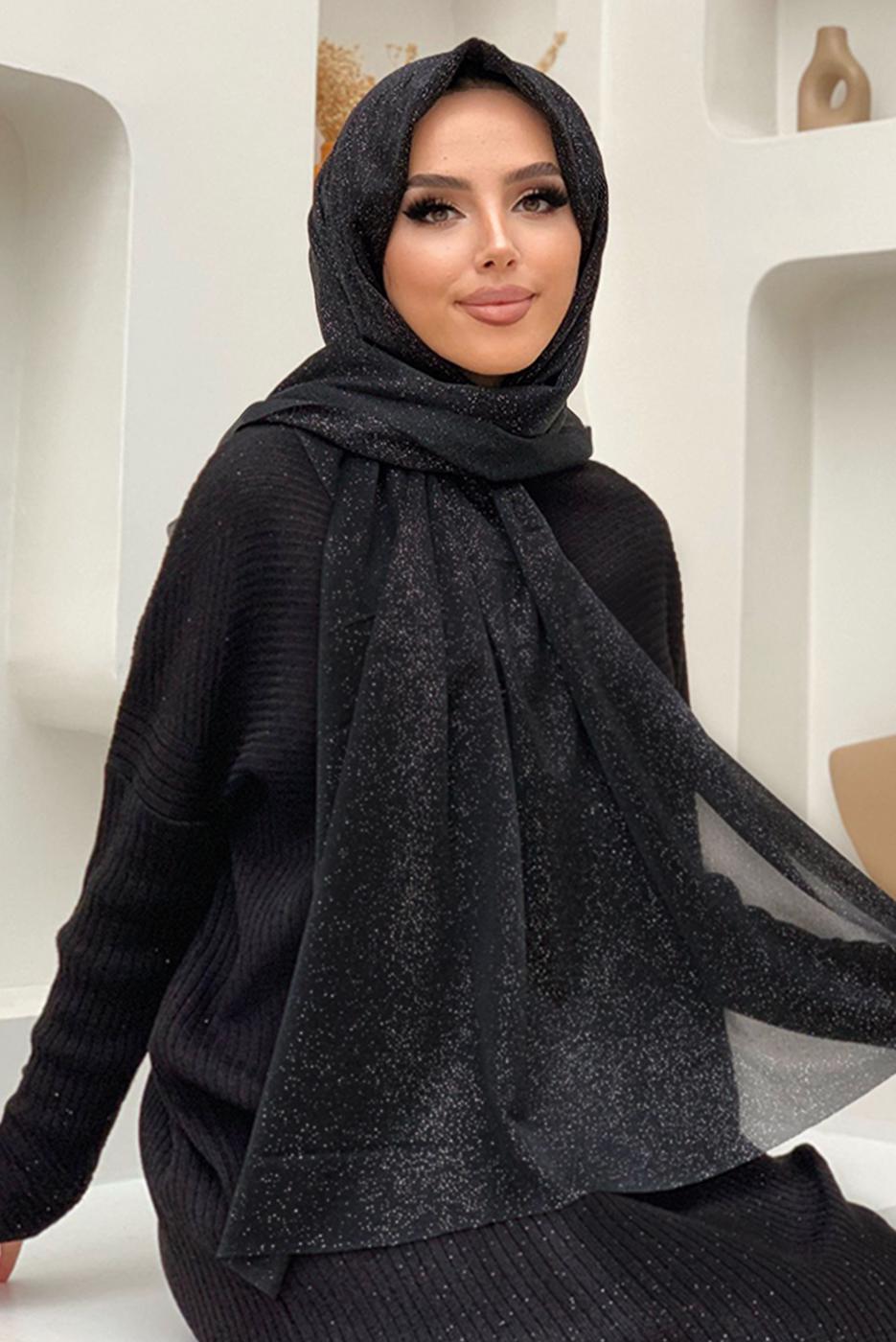 Tesettür giyim SİYAH SİMLİ ŞAL T 0602