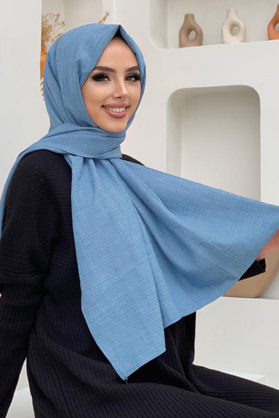 Tesettür giyim MAVİ KETEN GÖRÜNÜMLÜ ŞAL T 2502