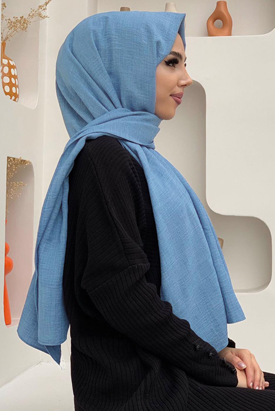 Tesettür giyim MAVİ KETEN GÖRÜNÜMLÜ ŞAL T 2502