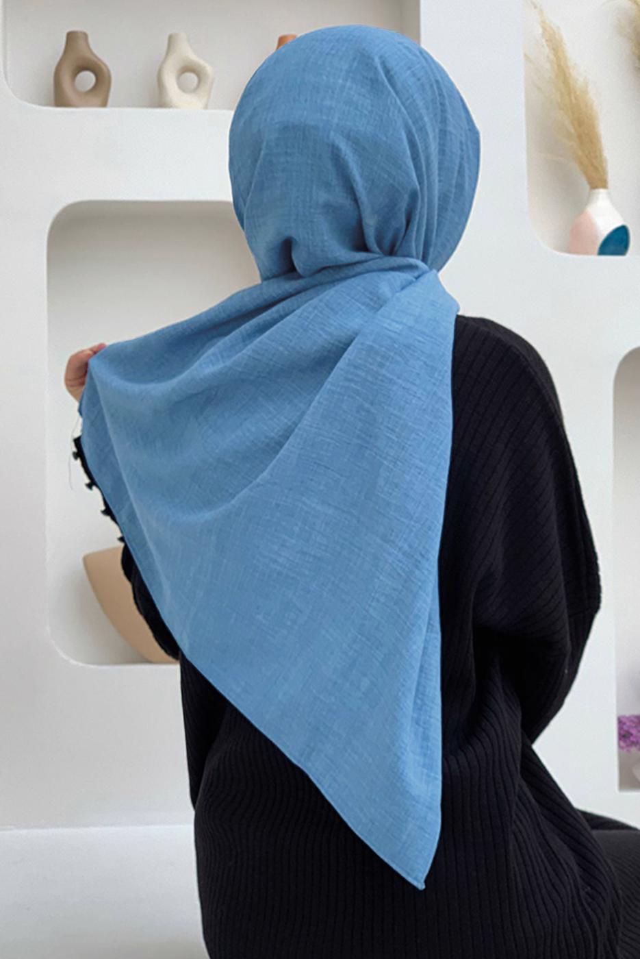 Tesettür giyim MAVİ KETEN GÖRÜNÜMLÜ ŞAL T 2502