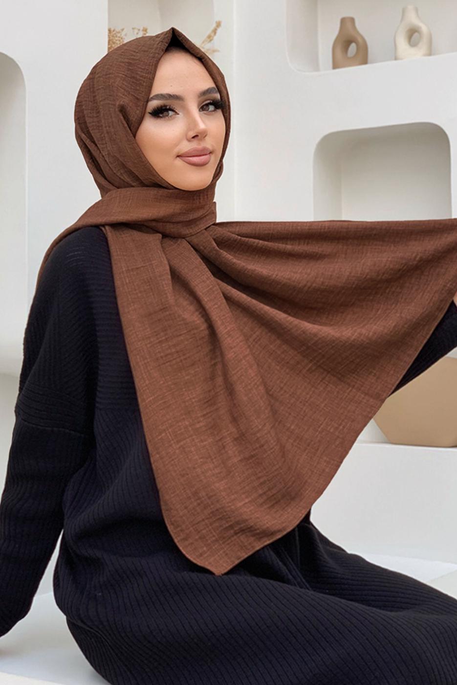 Tesettür giyim KAHVE KETEN GÖRÜNÜMLÜ ŞAL T 2502