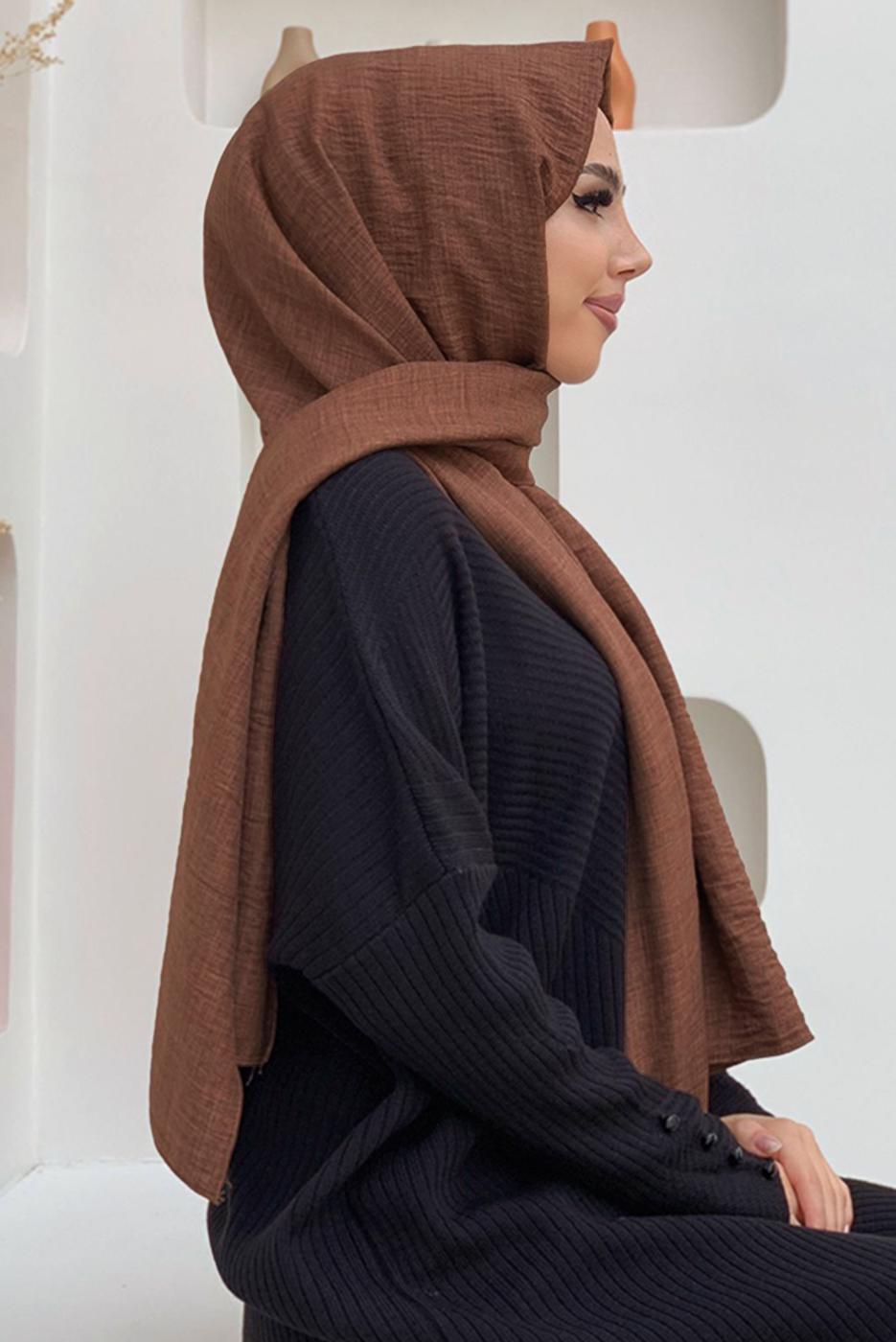 Tesettür giyim KAHVE KETEN GÖRÜNÜMLÜ ŞAL T 2502