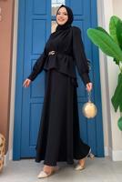Tesettür giyim SİYAH KEMERLİ OMUZLARI VATKALI İKİLİ ETEKLİ TAKIM T 0938