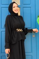 Tesettür giyim SİYAH KEMERLİ OMUZLARI VATKALI İKİLİ ETEKLİ TAKIM T 0938
