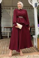 Tesettür giyim BORDO KEMERLİ OMUZLARI VATKALI İKİLİ ETEKLİ TAKIM T 0938